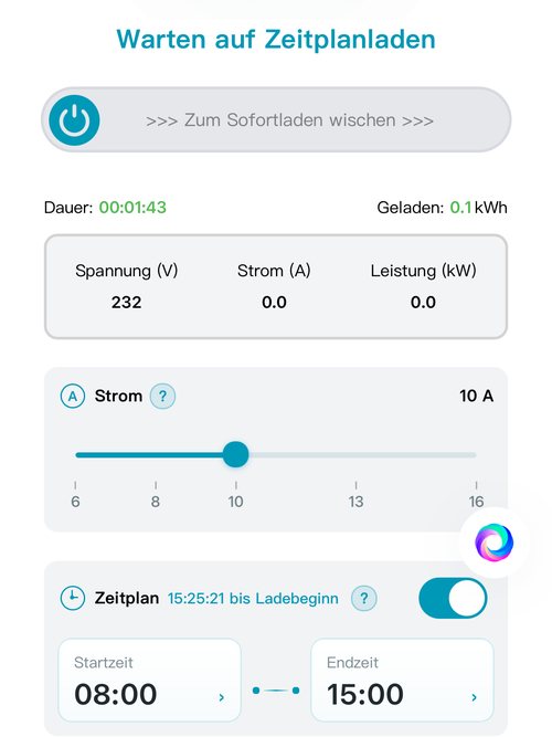 App-Ansicht „Warten auf Zeitplanladen“ mit Regler auf 10 Ampere, Zeitplan von 08:00 bis 15:00 Uhr und Countdown bis zum Ladebeginn
