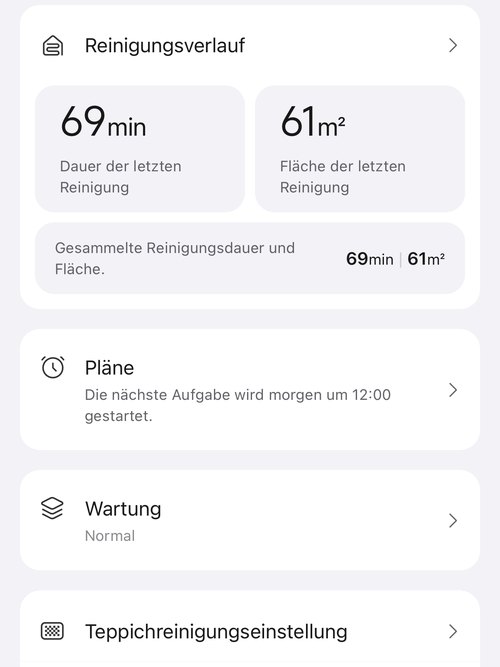 App-Ansicht Einstellungen mit Reinigungsverlauf 69 Minuten und 61 Quadratmeter, Zeitplan für 12 Uhr und Wartungsstatus Normal