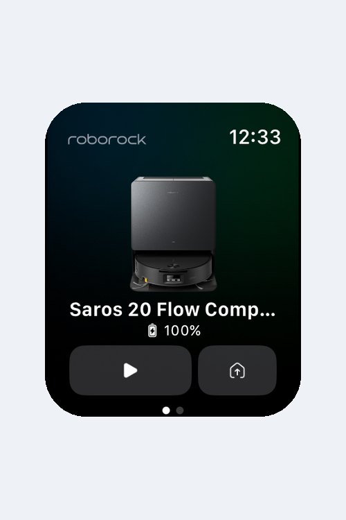 Roborock-App auf der Apple Watch mit Bild der Station, Gerätename Saros 20 Flow Complete, Akkustand 100 Prozent sowie Tasten für Start und Rückkehr zur Station