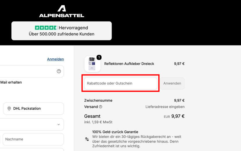 Alpensattel Rabattcode einlösen