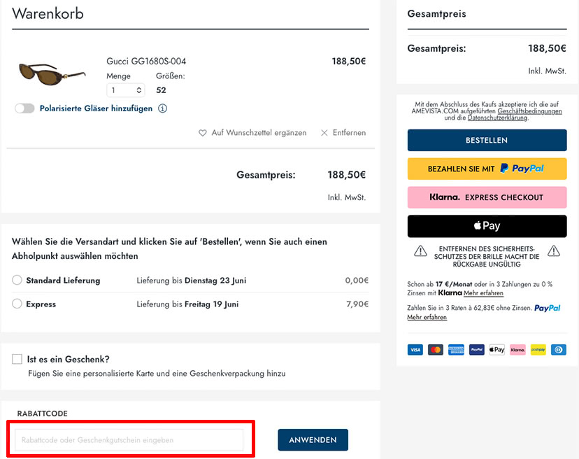 AMEVISTA Rabattcode einlösen