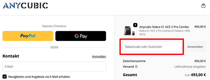 Anycubic Gutschein einlösen
