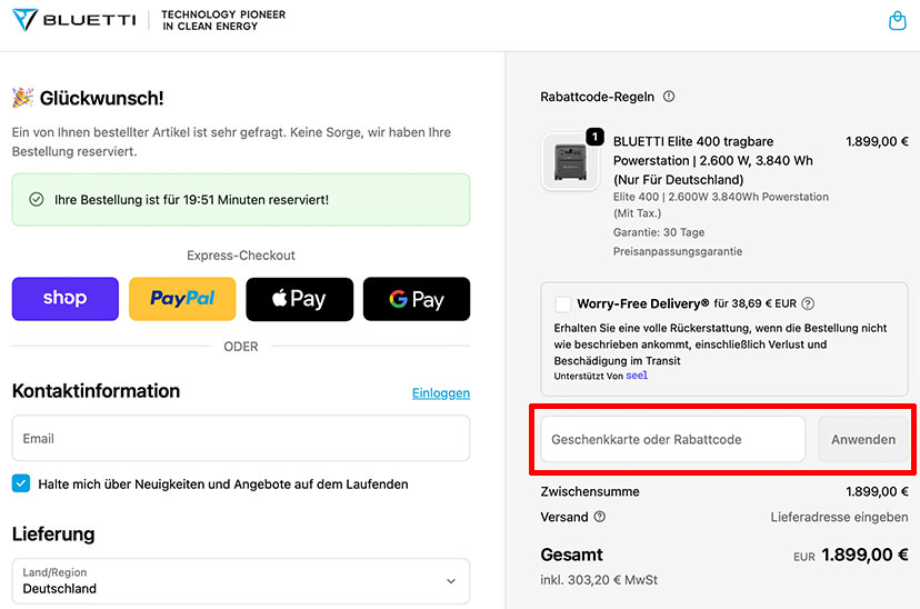 BLUETTI Gutschein einlösen