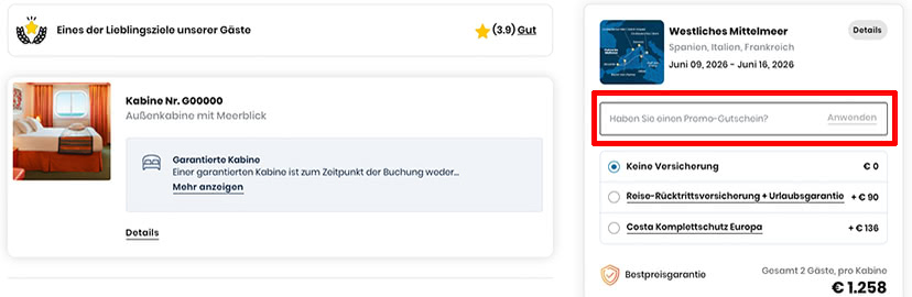 Costa Kreuzfahrten Gutschein einlösen