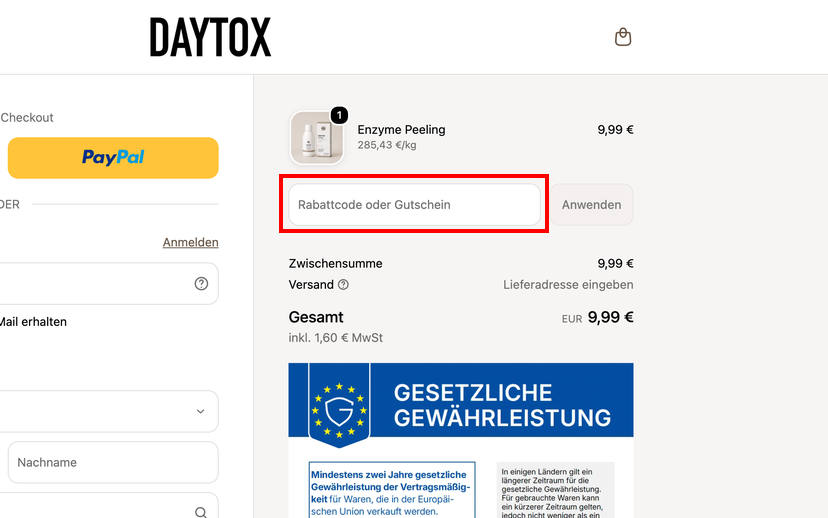 DAYTOX Gutschein einlösen DAYTOX Gutschein einlösen