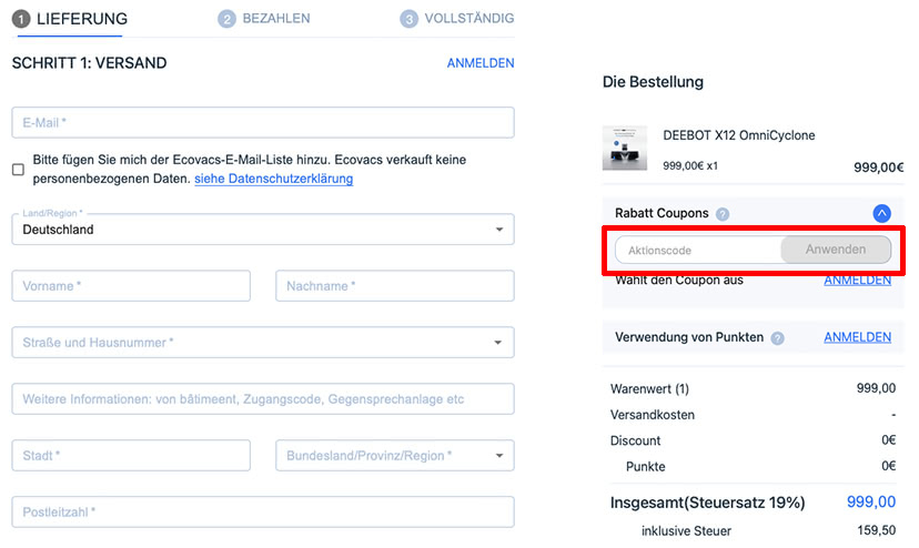 ECOVACS Rabattcode einlösen