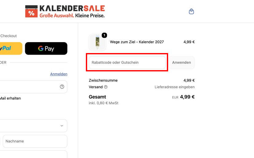 KalenderSale Rabattcode einlösen