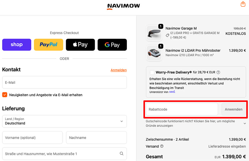 Navimow Gutschein einlösen