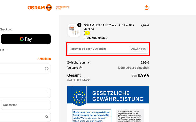 OSRAM Homelighting Gutschein einlösen OSRAM Homelighting Gutschein einlösen