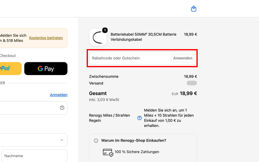 Renogy Gutschein einlösen