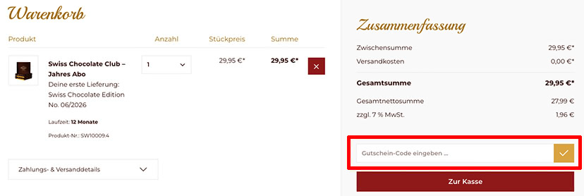 Swiss Chocolate Club Gutschein einlösen