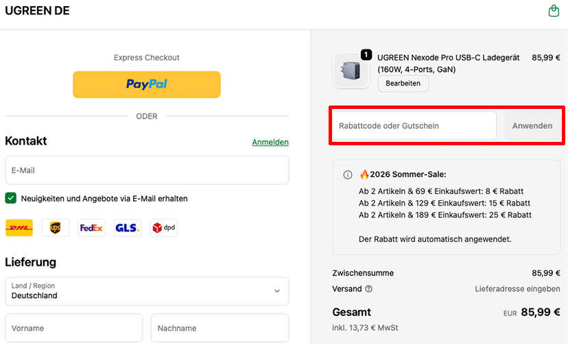 UGREEN Rabattcode einlösen