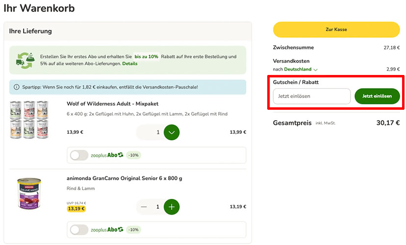 Wo löse ich den zooplus Gutschein ein